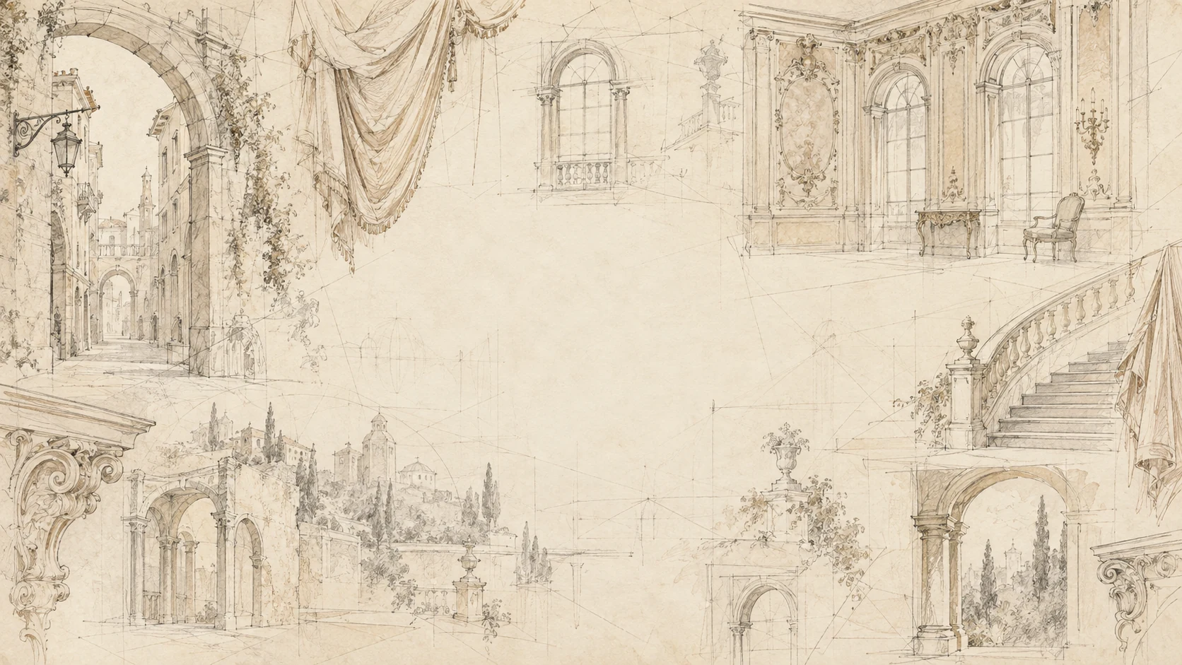 Freely layered architectural sketches on antique ivory drawing paper
